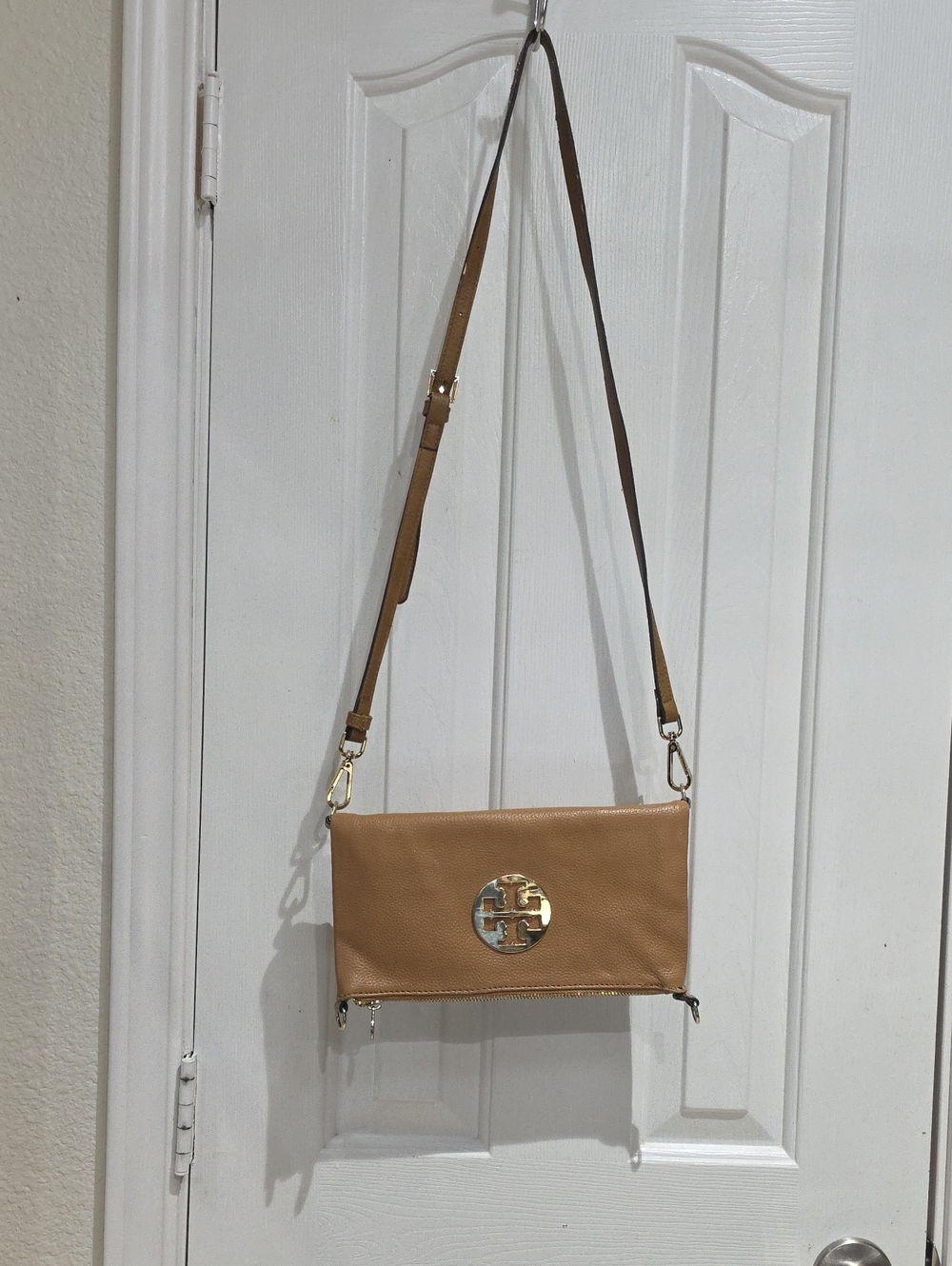 Tory Burch Tan Leather Fold-Over Crossbody with Gold Logo